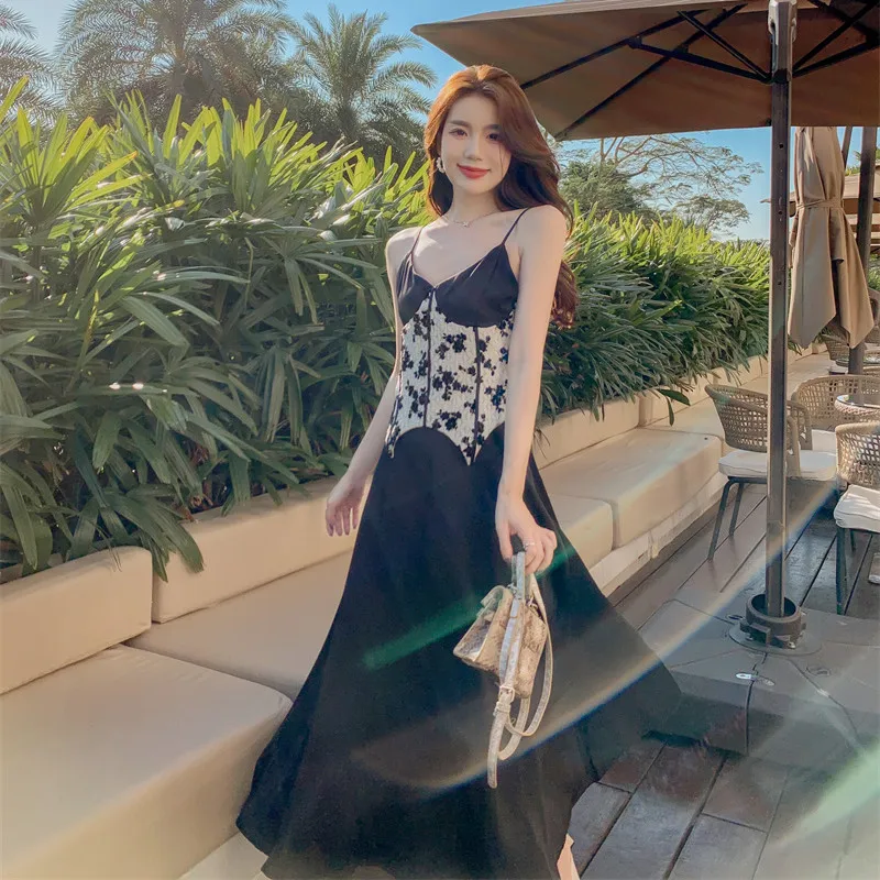 

Black Patchwork Dress 2022 Summer New Satin Midi Skirt Waist Design Suspender Skirt