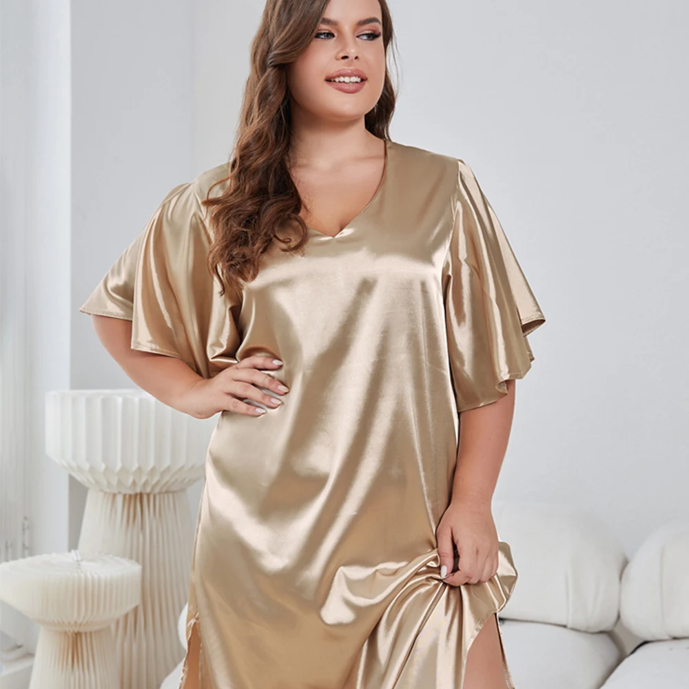 

V Neck for Women Plus Size Sleepwear Dresses Side Split Homewear Female Nightwear Pajama Ruffled Short Sleeves Loungewear