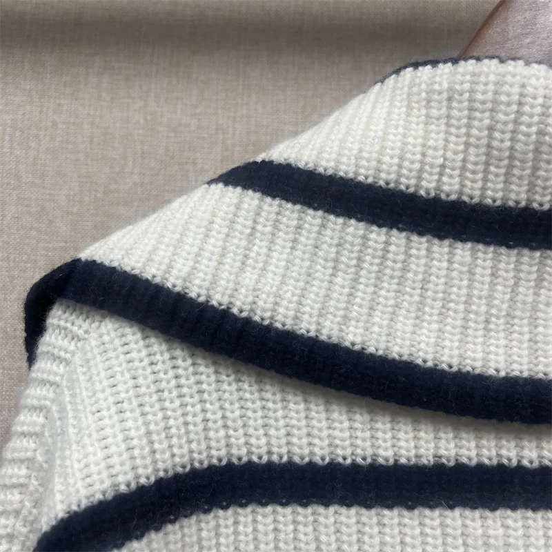 

Women Sweater Striped Turn Down Collar Half Open Buttons Long Sleeve Casual Pullover