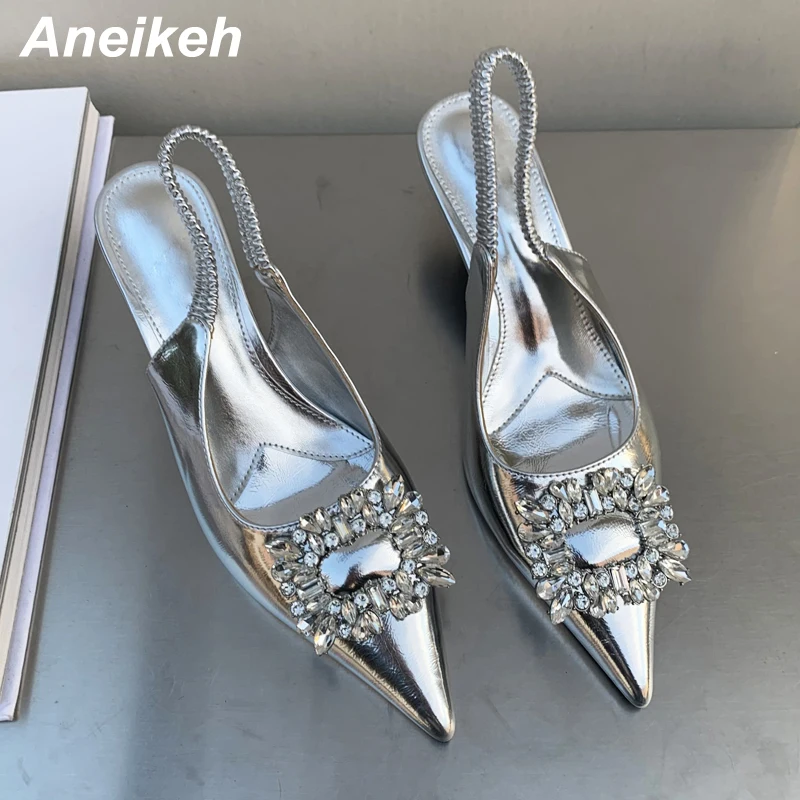 

Новые брендовые классические квадратные туфли Aneikeh с бриллиантами, женские сандалии на тонком низком каблуке, женские модные туфли без задника с острым носком и ремешком на пятке