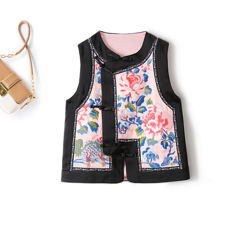 Осенний новый атласный жилет контрастного цвета с изысканной вышивкой и пряжкой