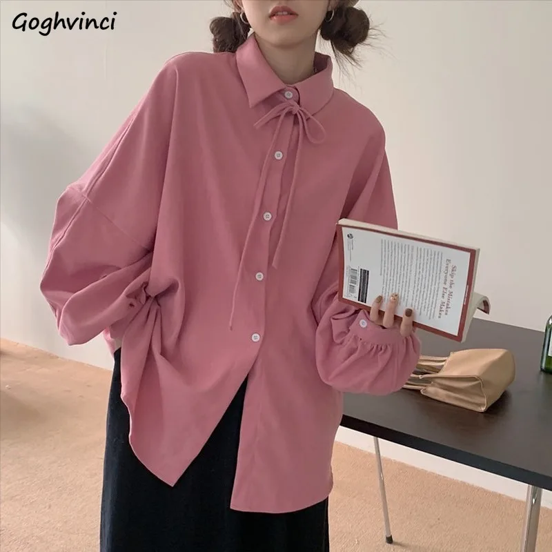 

Shirts Women Bow Batwing Sleeve Single Breasted Loose Tops Fashion Simple BF Student Sweet Ins Korean Blouses Design Baggy Chic