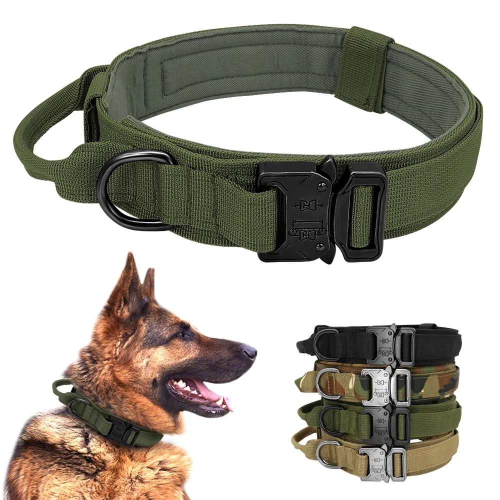 Military Tactical Dog Collar Adjustable Nylon Dog Walking Training Collars with Comfortable Control Handle for Medium Large Dog