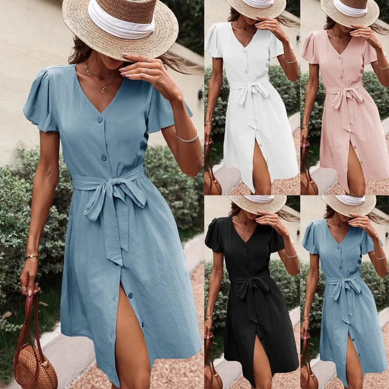 

Elegant Fashion Women Summer Dresses 2022 NEW Solid Slim V-Neck Lace-up Single Breasted Mini Short Sleeve Hem Slit Dress Women's