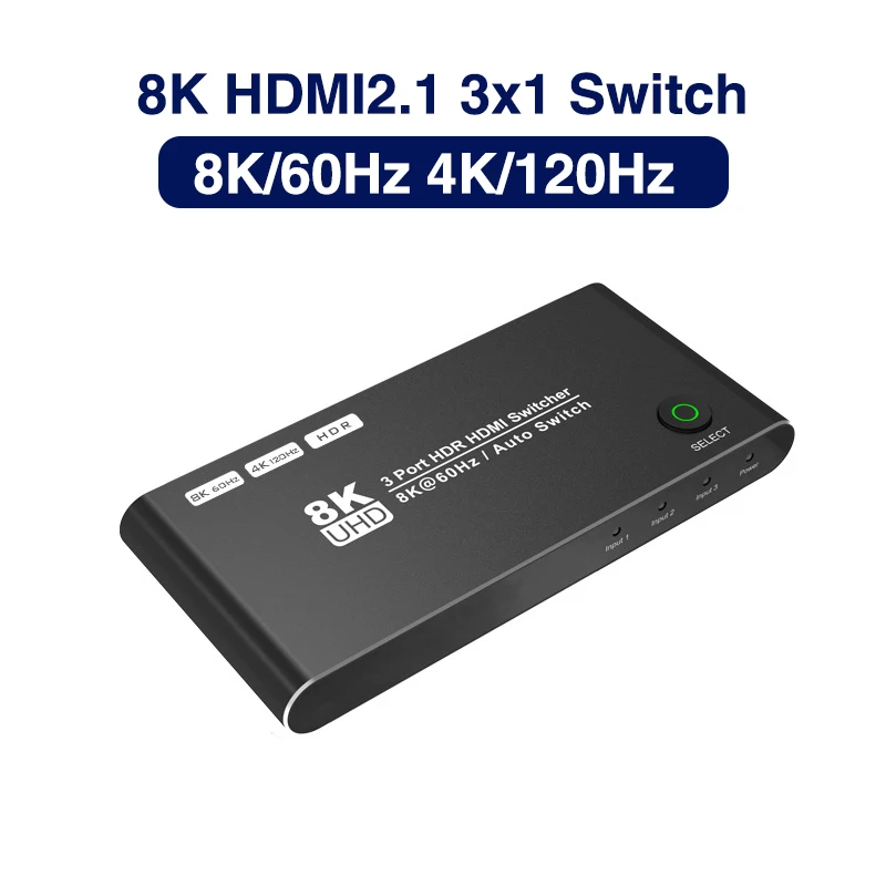 

Коммутатор на выход 3 в 1, 8K HDMI, переключатель HD 2,1, высокоскоростной переключатель 48 Гбит/с, 8K @ 60 Гц, 4K @ 120 Гц для монитора проекторов PS5