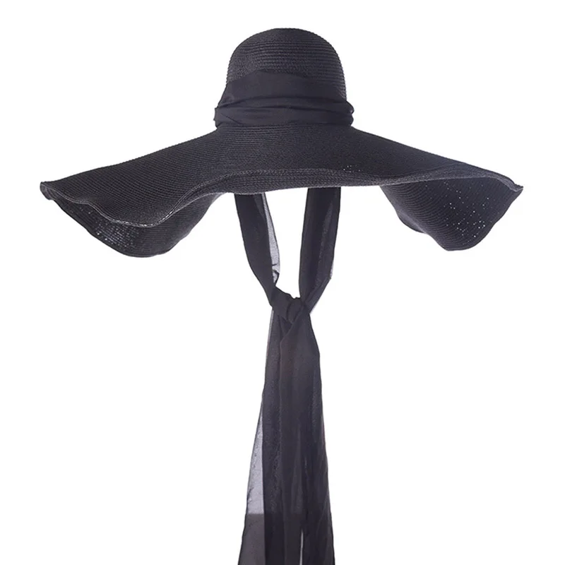 Women Black 25cm OVERSIZED Sun Hat Soft Silk Ribbon Tie Wide Brim Floppy Hat Giant Beach Straw Hat Summer Kuntucky Derby Hat Cap