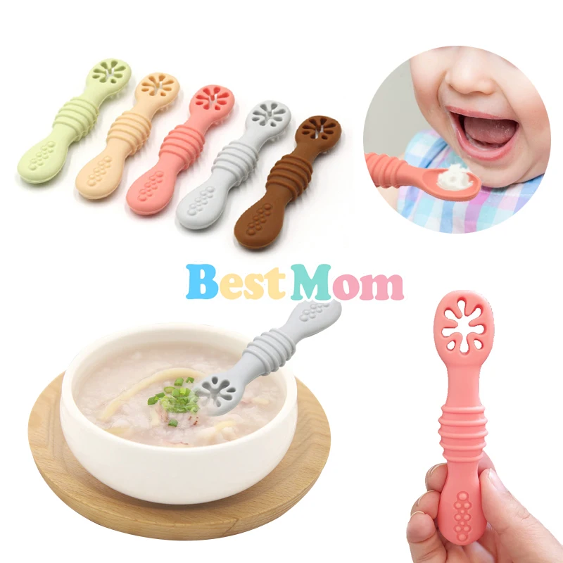 

2PCS Lovely Baby Learning Spoons Utensils Set Adorable Toddler Tableware Baby Silicone Teether Toys Feeding Scoop Training