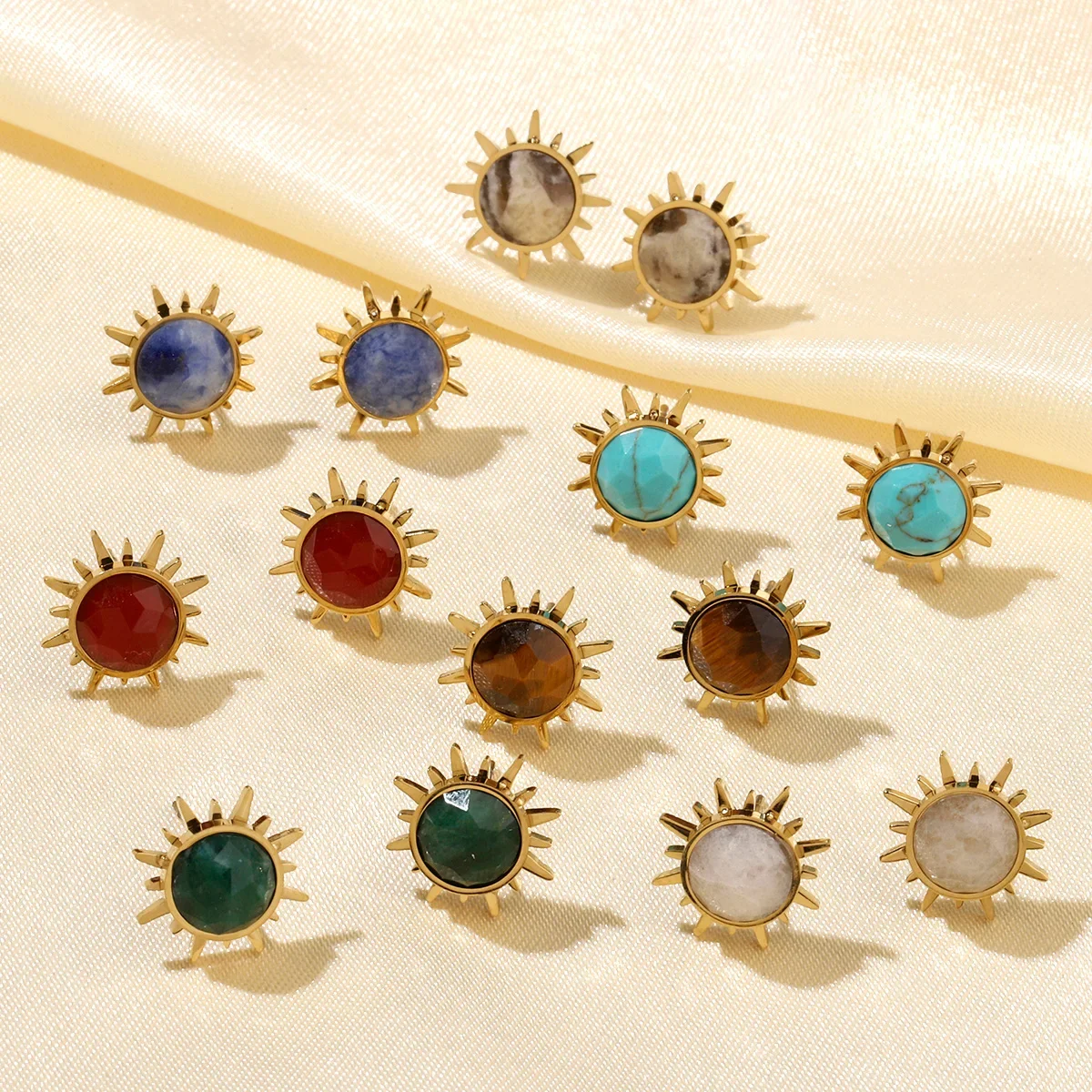 Французские роскошные серьги-гвоздики из нержавеющей стали с солнцем и