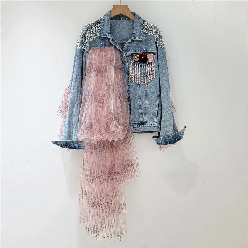 

Heavy Work Beading Pocket Denim Jacket Women Mesh Splicing Cowboy Outerwear Autumn Korean Loose Short Jeans Jacket Coat Female