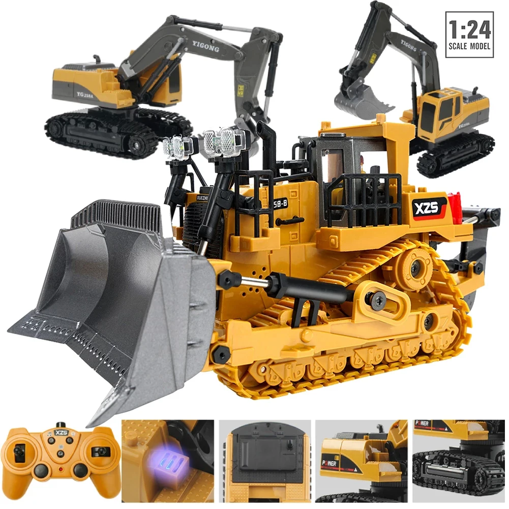 

1:24 9CH Multifunctional RC Bulldozer Crawler Type Alloy/Plastic Shovel Engineering Forklift Heavy Excavator toy gifts for kids