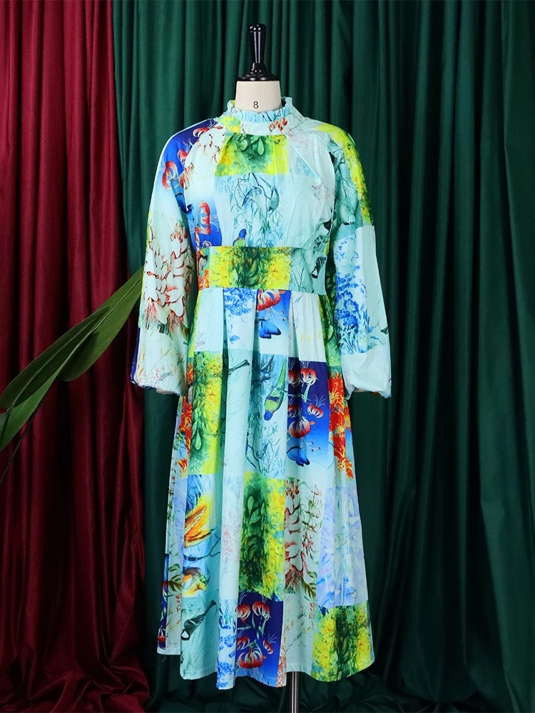 Vintage Plus Size Birthday Dresses Elegant Full Sleeve Print Maxi Dress Summer Ball Gown Night Party Robe Femme 2023 Vestidos