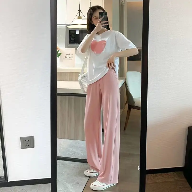 

2023 Summer Women Sets Solid Print Short Sleeve T-shirt Ankle-length Wide Leg Pants Sets Basic 2 Pieces Fashion Outfit W35