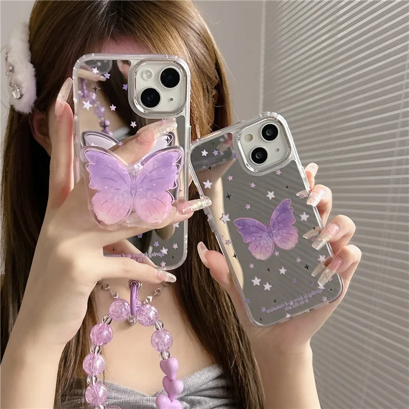 

Cute Butterfly Grip Tok Case for iPhone 14 Pro Max Stand Holder Mirror Bead Chain Cover for iPhone 12 Pro 11 13 Pro Max Cases