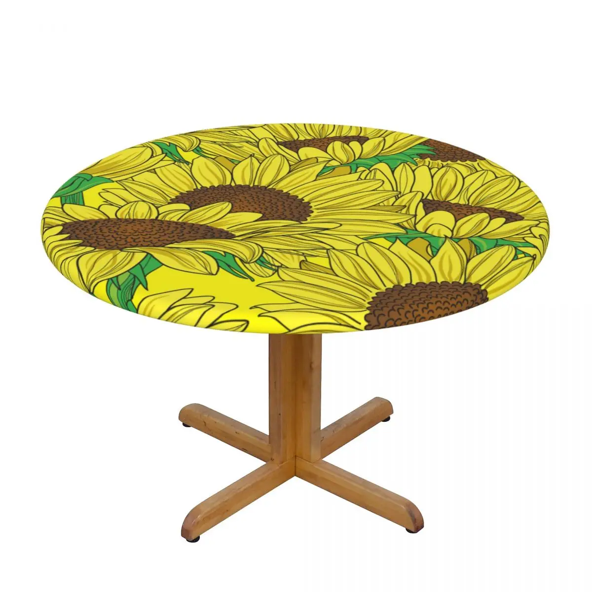 

Round Table Cover for Dining Table Elastic Tablecloth Sunflowers Pattern Fitted House Hotel Decoration