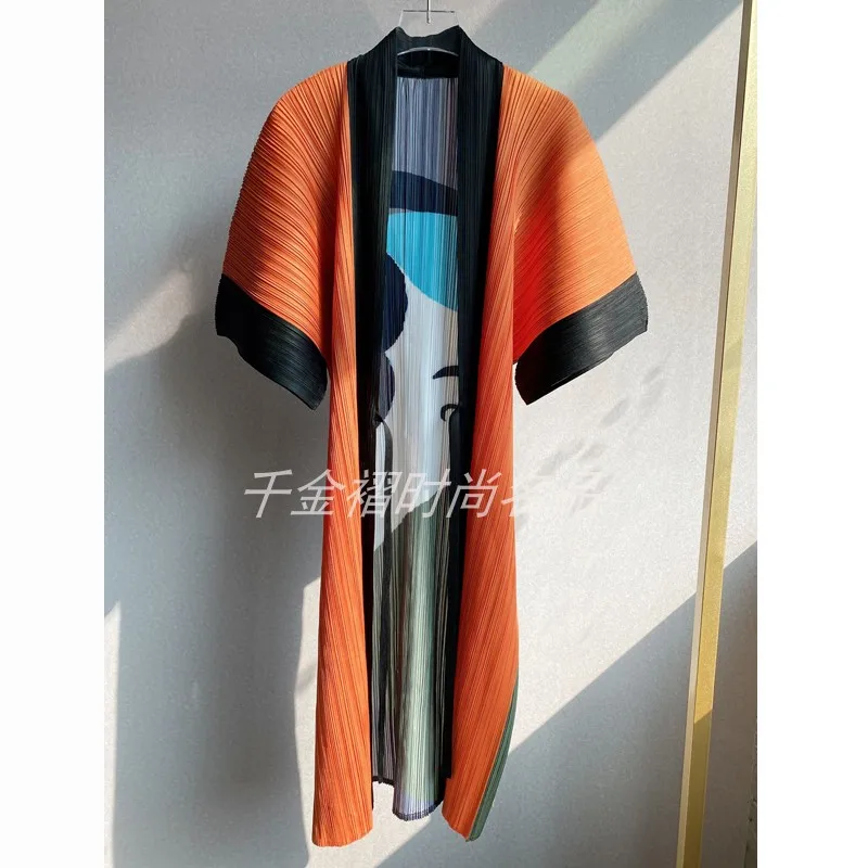 Women Printed Trench Miyake Pleated Fashion Printed Loose Plus Size Japan Style Belt Female Long Coats Tide