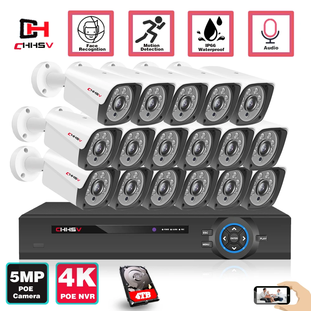 

5MP CCTV Camera Security System Kit 16CH 4K POE NVR Kit Outdoor Waterproof Audio IP Bullet Camera Video Surveillance System 8CH