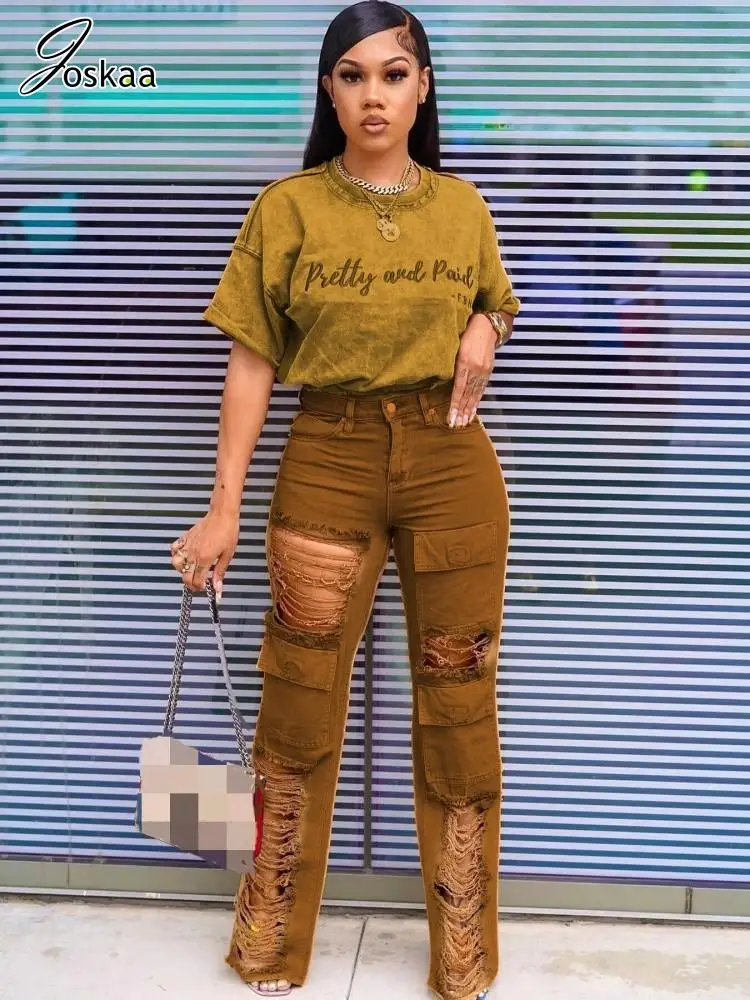 

Joskaa Casual Street 2 Piece Set Women Letter Embroidery Short Sleeve T-Shirt and Straight Ripped Jean Matching 2023 Streetwear