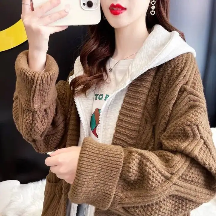 

Sweater jacket fake two-piece hooded new fashion women's autumn and winter loose and lazy style long knitted cardigan
