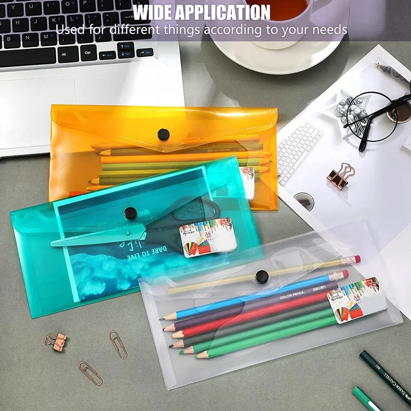 

48Pcs Plastic Envelopes With Label Stickers Plastic Pencil Pouch Document Bag For A6 Size Files