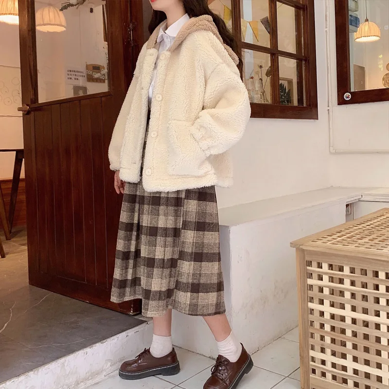 Winter Jacket Kawaii Little Bear Ears Hooded Lambswool Coats Cute Girl Full Sleeve Single-Breasted Lolita Outweare For Women Y2k