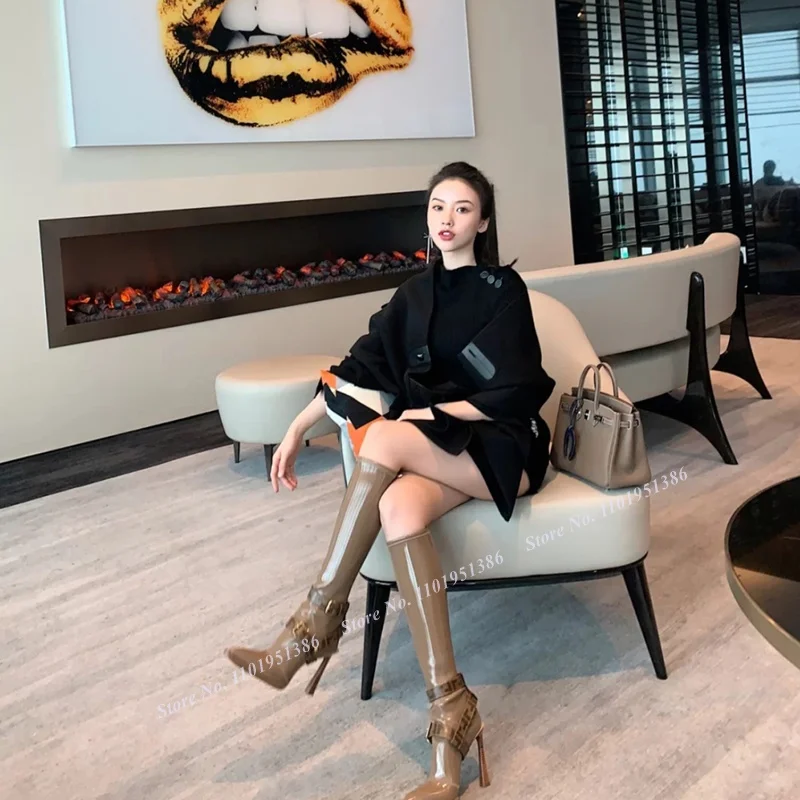 Moraima Snc Brown Band Decor Wodden Heel Boots for Women Knee High Boots Strange Style Heel Boots Zipper Buckle Shoes on Heels