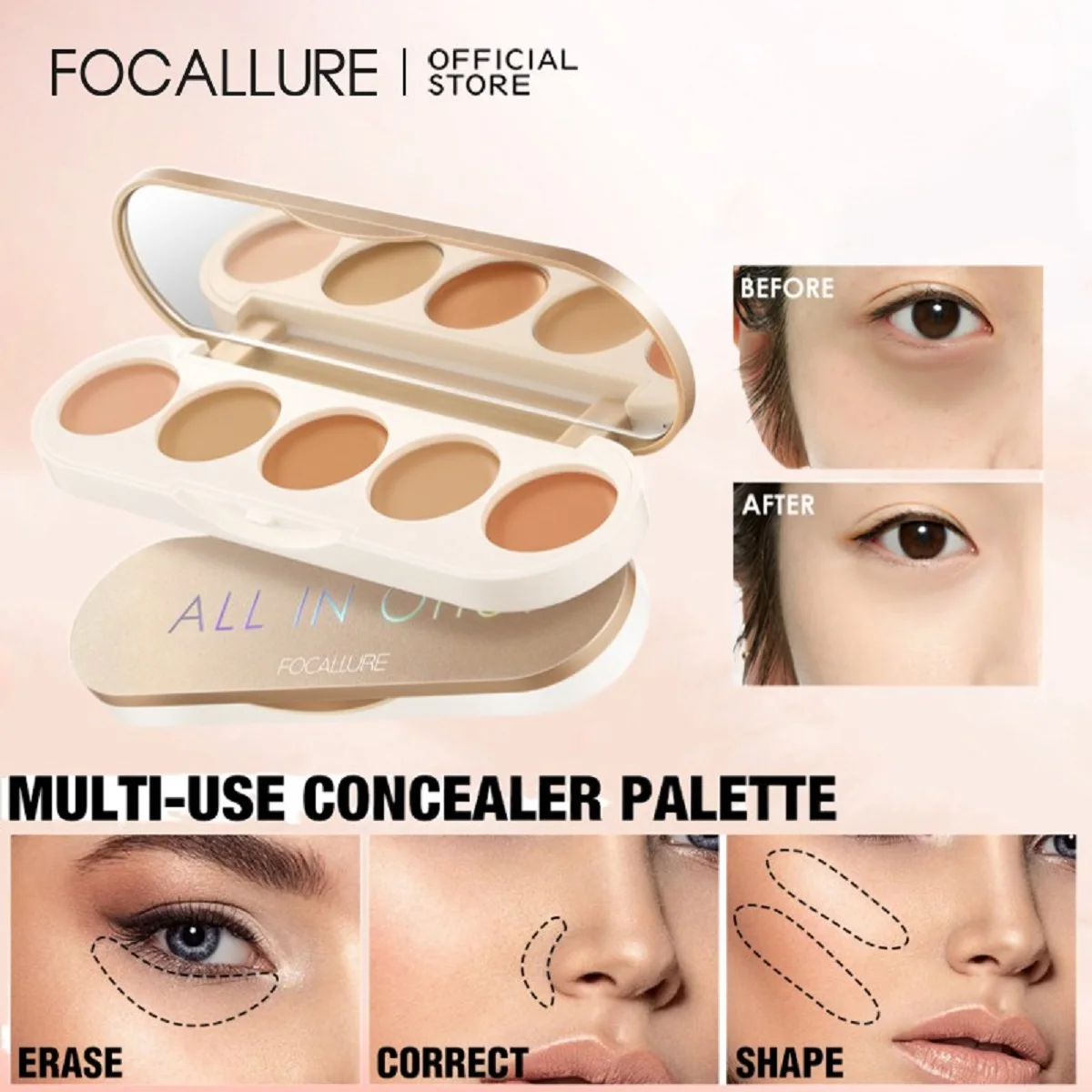 

FOCALLURE 5 In 1 Face Concealer Palette High Coverage Lightweight Longlasting Waterproof Foundation Cream Makeup Cosmetics