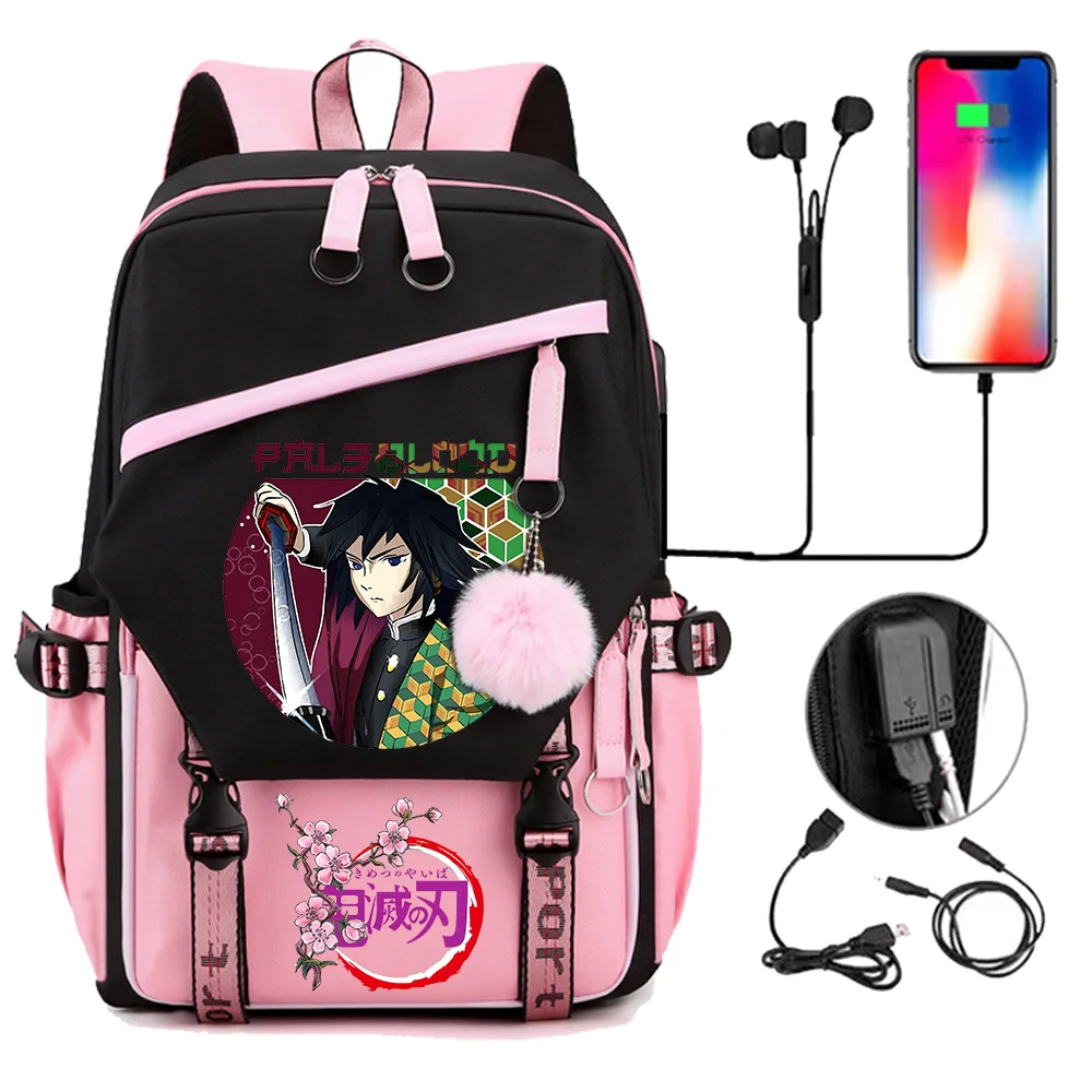 

2023 School Backpack Bag for Girls Kawaii Schoolbag Anime Demon Slayer Tokitou Muichirou Usb Port Backpack Knapsack Bag Mochilas