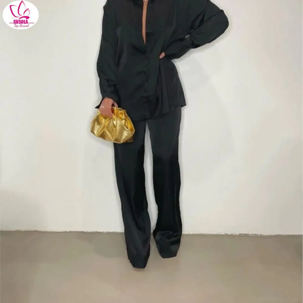 Женский элегантный атласный костюм из двух предметов Повседневная рубашка с
