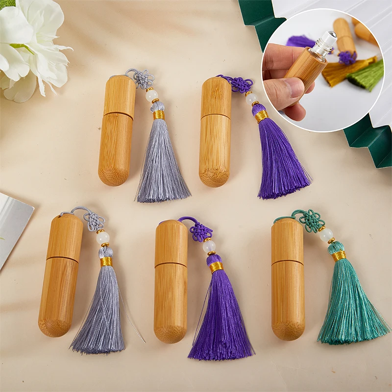 3/5ML Natural Bamboo Roll On Bottle 5ml Portable Essential Oil Container Vintage Mini Perfume Bottle With Chinese Knot Tassel 1X