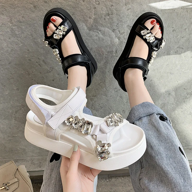 

Beige Heeled Sandals Open Toe Low-Heeled Shoes With Strap 2022 Women's Muffins shoe Black Rhinestone Clogs Peep Low-heeled New C
