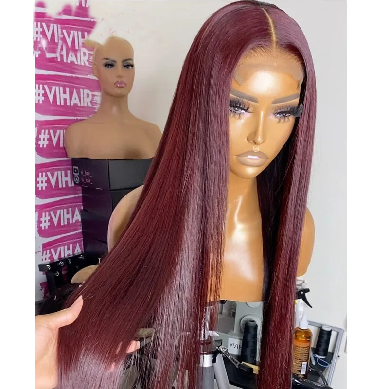 26Inch 180%Density Straight Wine Red Natural Hairline Lace Front Wig For Women With Baby Hair Heat Temperature Daily Wigs