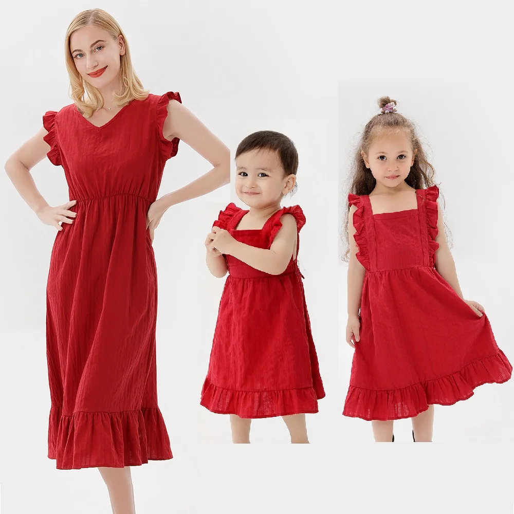 

Ruffled Sleeve Mother Daughter Matching Dresses Family Set Mom Mum Baby Mommy and Me Clothes Fashion Women & Girls Cotton Dress