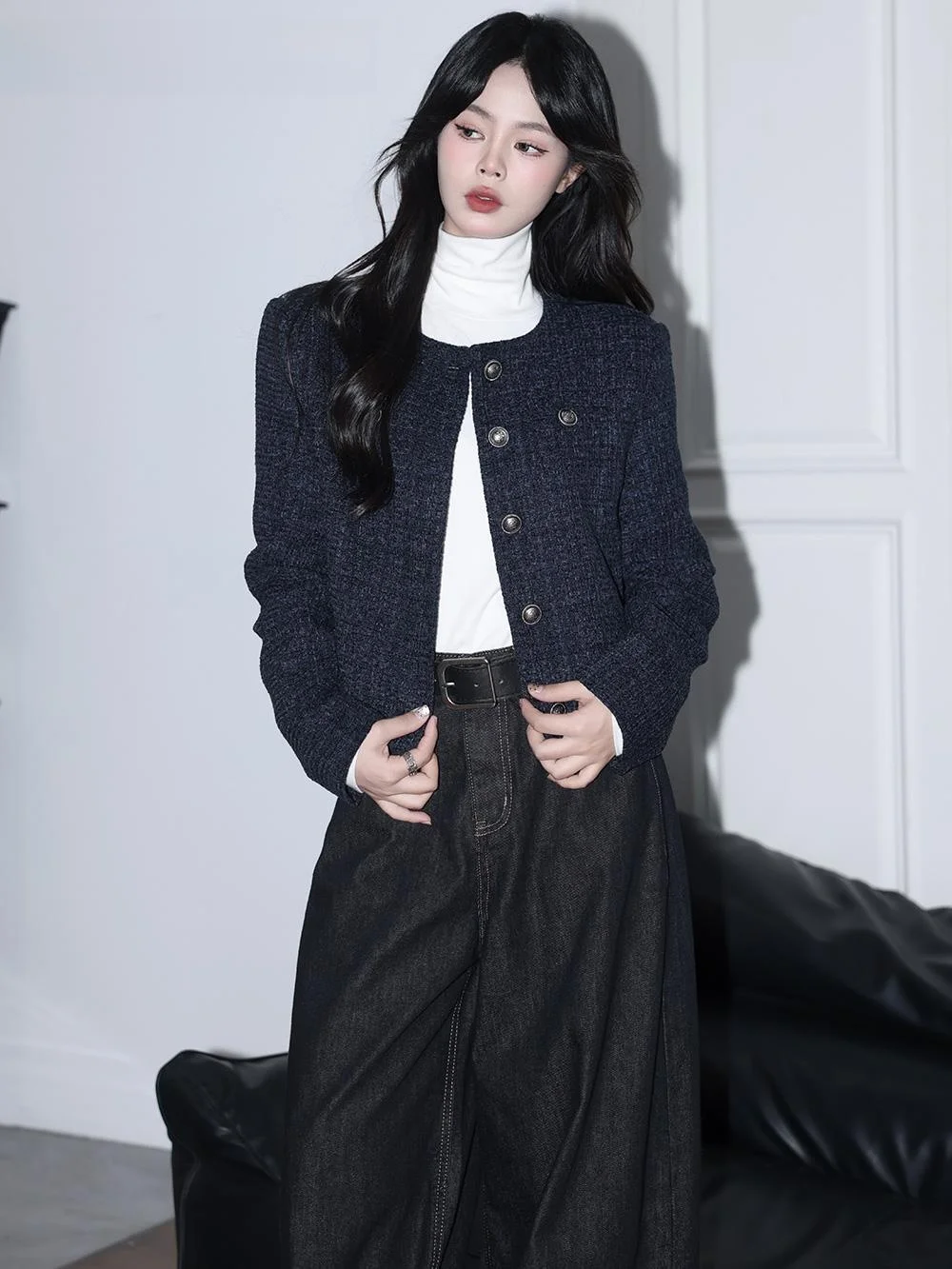 La Chabell French sle Purplish Blue Temperament Graceful Short Outerwear Women Winter New Chic Cardigan Top