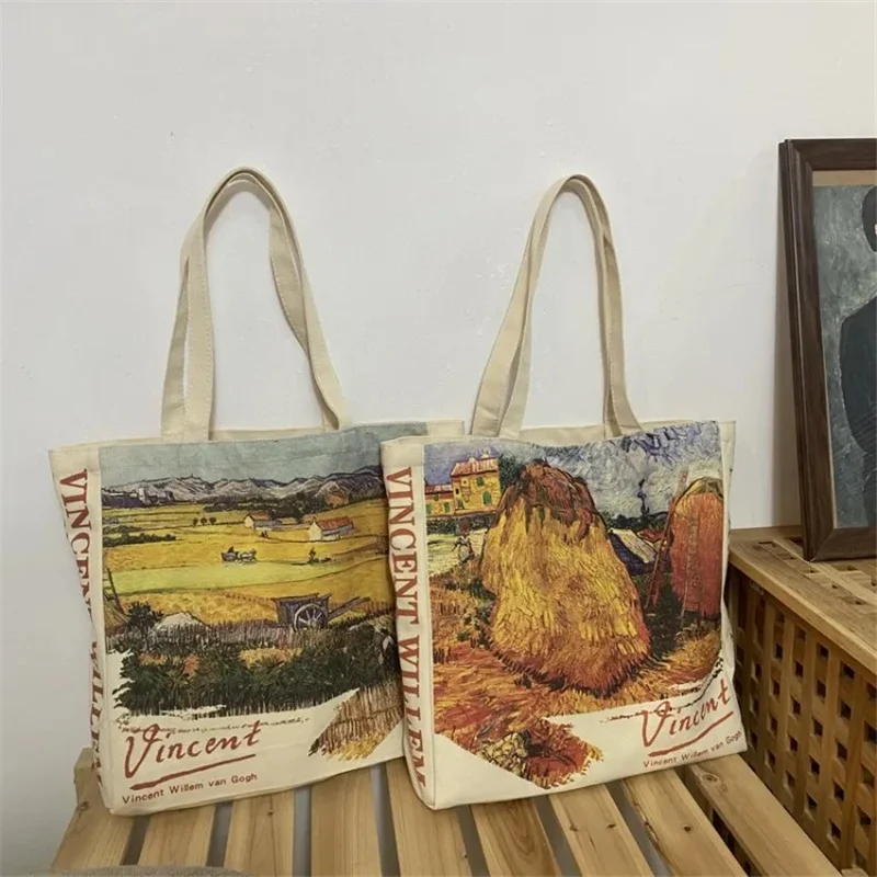 2022 Women Canvas Shoulder Bag Art Oil Painting Ladies Casual Handbag Tote Bag Large Capacity Cotton Reusable Shopping Beach Bag