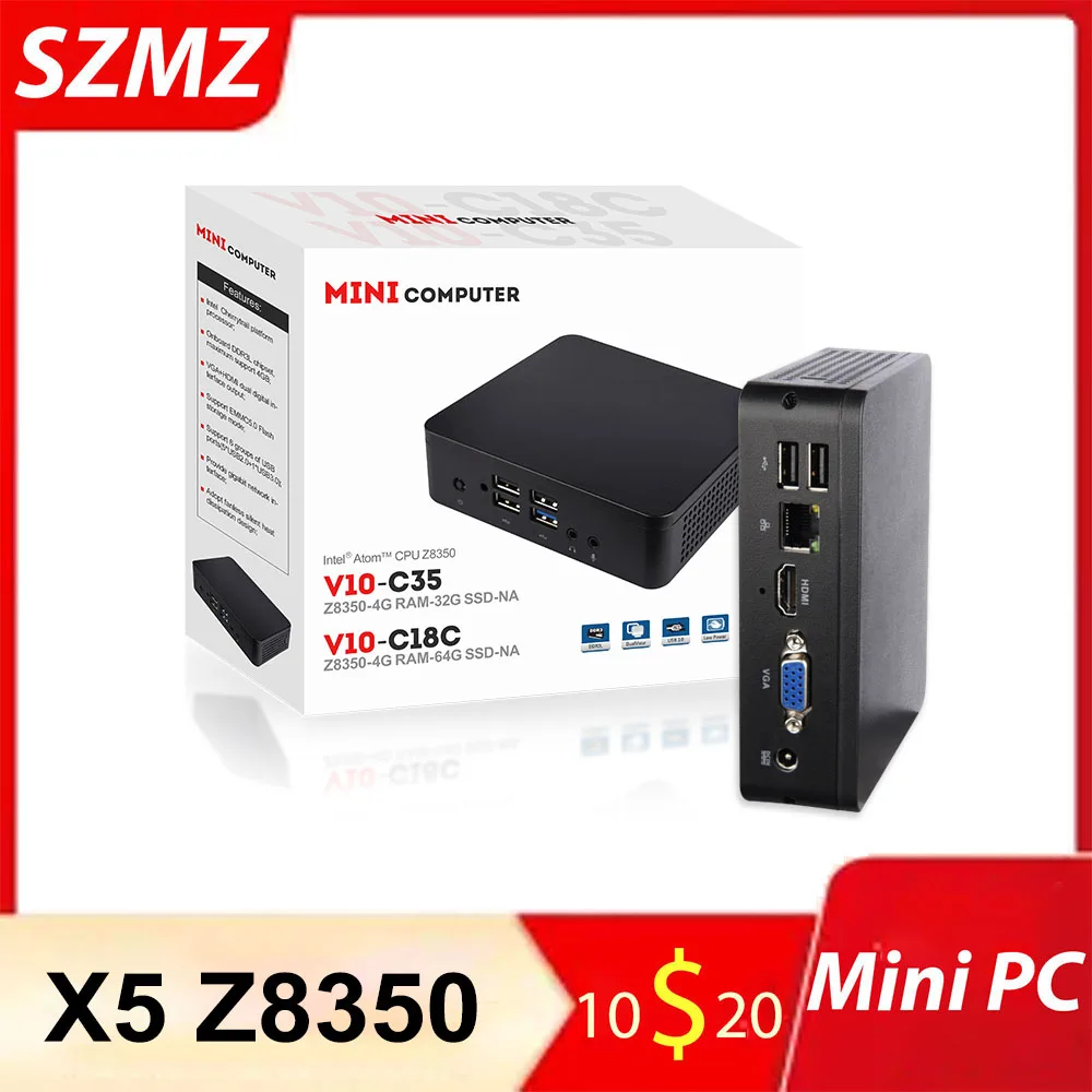 SZMZ MINI PC X5 Z8350 1 92 ГГц 4 Гб ОЗУ 64 SSD Wnidows 10 Linux Поддержка 2 5 дюймов HDD VGA и HDMI Двойной выход