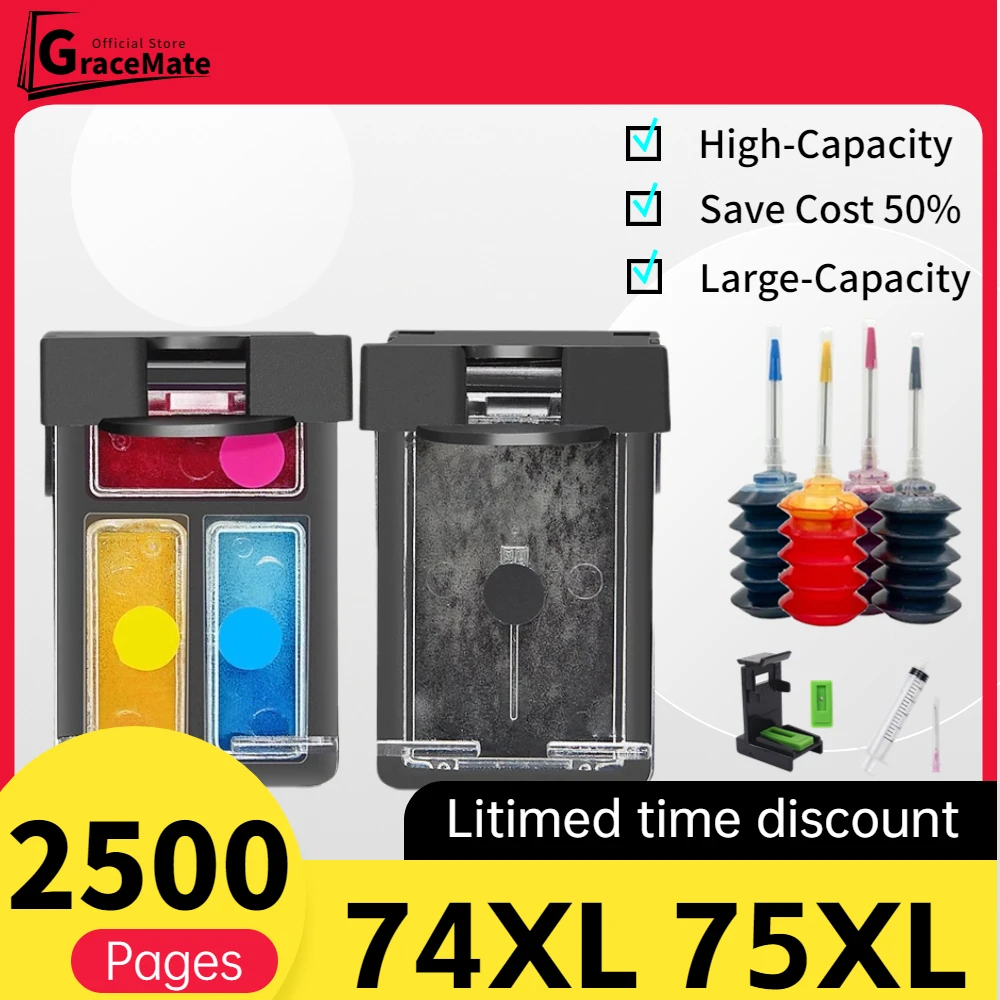 

GraceMate 74 75 XL Refillable Replacement Ink Cartridge For HP 74xl 75XL For hp Photosmart C4200 C4280 C4345 C4385 C4480 J5780