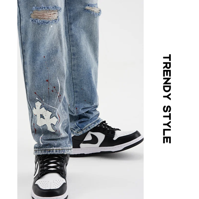 Streetwear Men 2022 New Pasting Cloth Cross Pattern Recreational Light Blue Jeans Loose Straight Cylinder Trousers Autumn Female