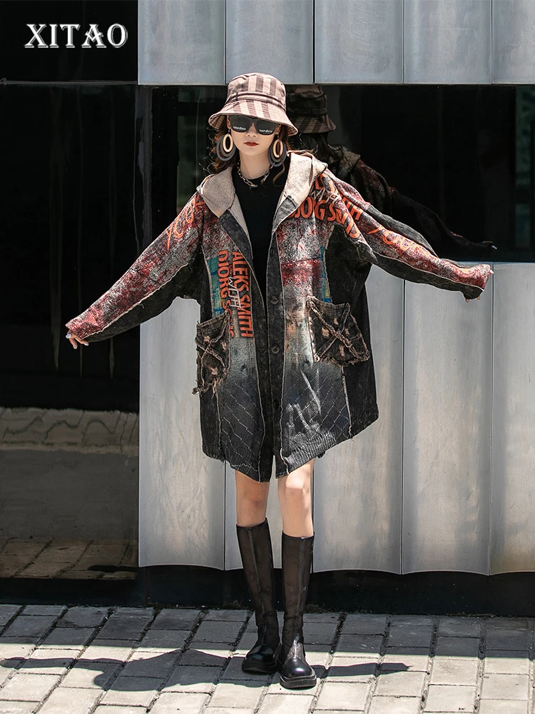 

XITAO Split Jacket Fashion Single Breasted Letter Full Sleeve Goddess Fan Casual 2022 Autumn Minority Loose Jacket Coat ZY7460