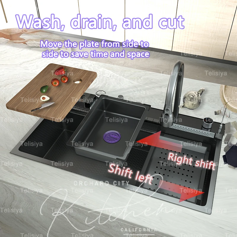 Кухонная раковина из нержавеющей стали с водопадом и держателем для ножей