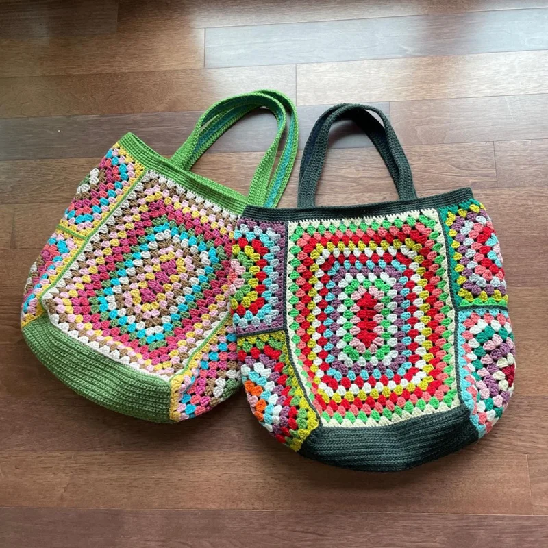 

Bohemian Crochet Green Bag Granny Square Bags Colorful Cute Knitted Purse Unique Boho Handmade Woven Checked Handbags