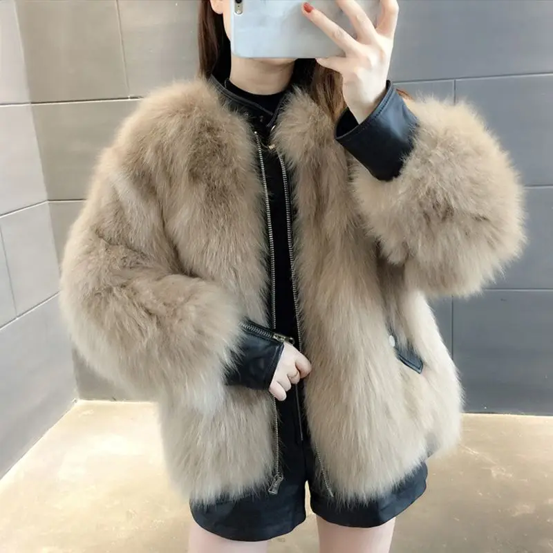 

Autumn Winter New Women Imitation Fox Fur Coat Short PU Stand Collar Long Sleeve Loose Slim Coat Casual Fashion Plush Top Jacket