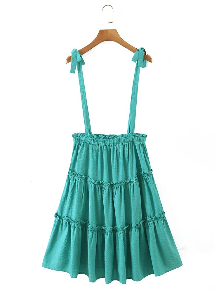

Summer Green Ruffles Patchwork Skirts 2022 Women Elastic High Waist Skirt With Strappy Camisole
