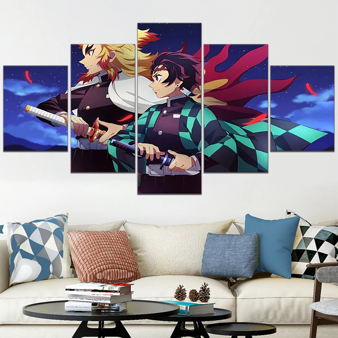 

Modern Canvas Poster Print Demon Slayer Painting Anime Tanjiro Kamado Kyojuro Rengoku 5 Panel Wall Pictures Modular Home Decor