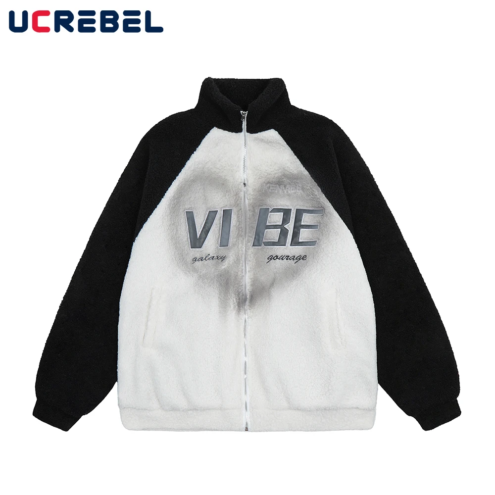 

Letter Embroidery Sherpa Jacket Mens Retro Loose Casual Distressed Quilted Jacket Winter Stand Collar Warm Zipper Outerwear Men