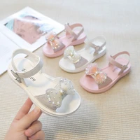 2022 summer new kids pink princess fashion sandals baby girls bling bow soft light sandals children pu leather beach sandalias