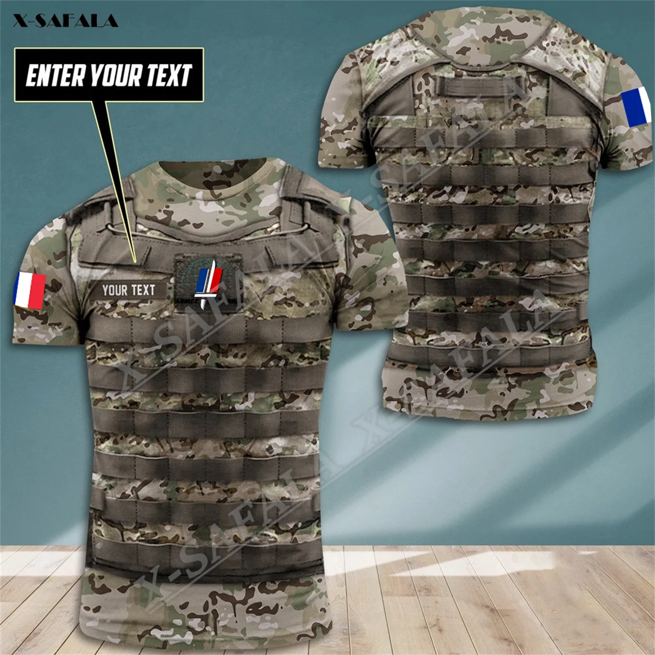 

Custom Text FRANCE Camo Army Soldier Flag 3D Printed T-Shirts Tops Tees Short Sleeve Casual Milk Fibe Better Cotton O Collared