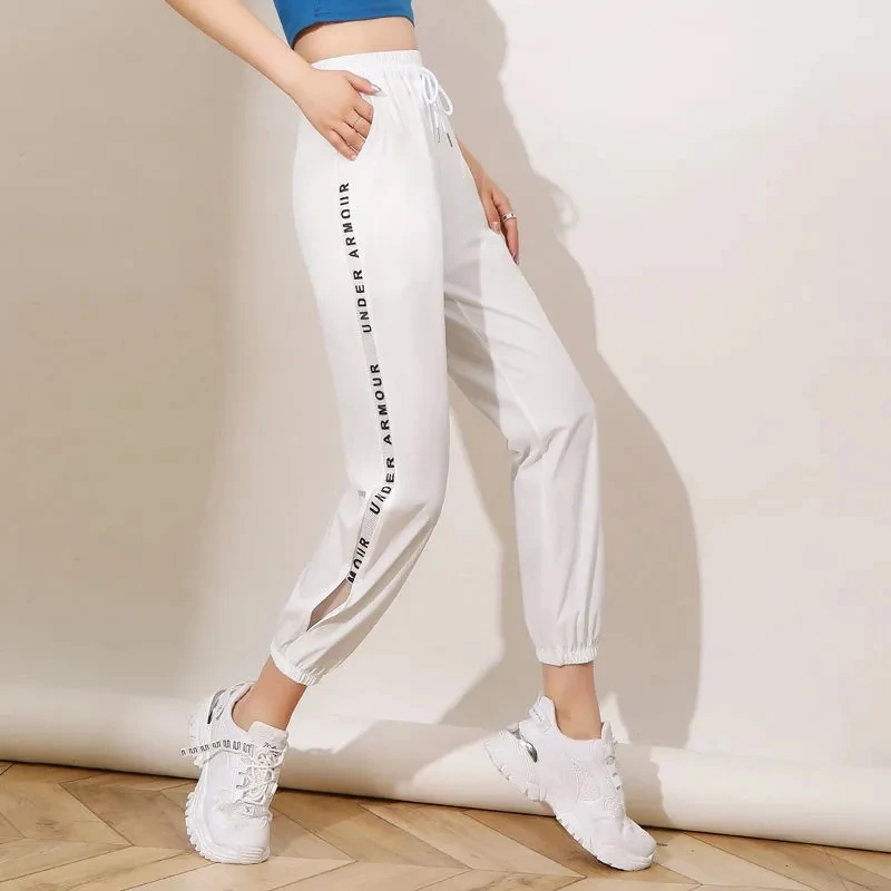 Pantalones deportivos con cordón de tela para correr para mujer, de secado rápido, para gimnasio, con bolsillos laterales, recortados