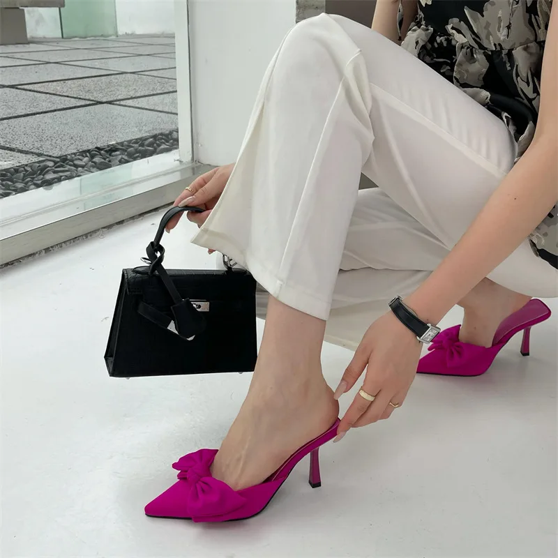Autumn Big Butterfly-knot Women Slippers Sandals Shallow Pointed Toe Mules Stripper High Heel Pumps Ladies Shoes