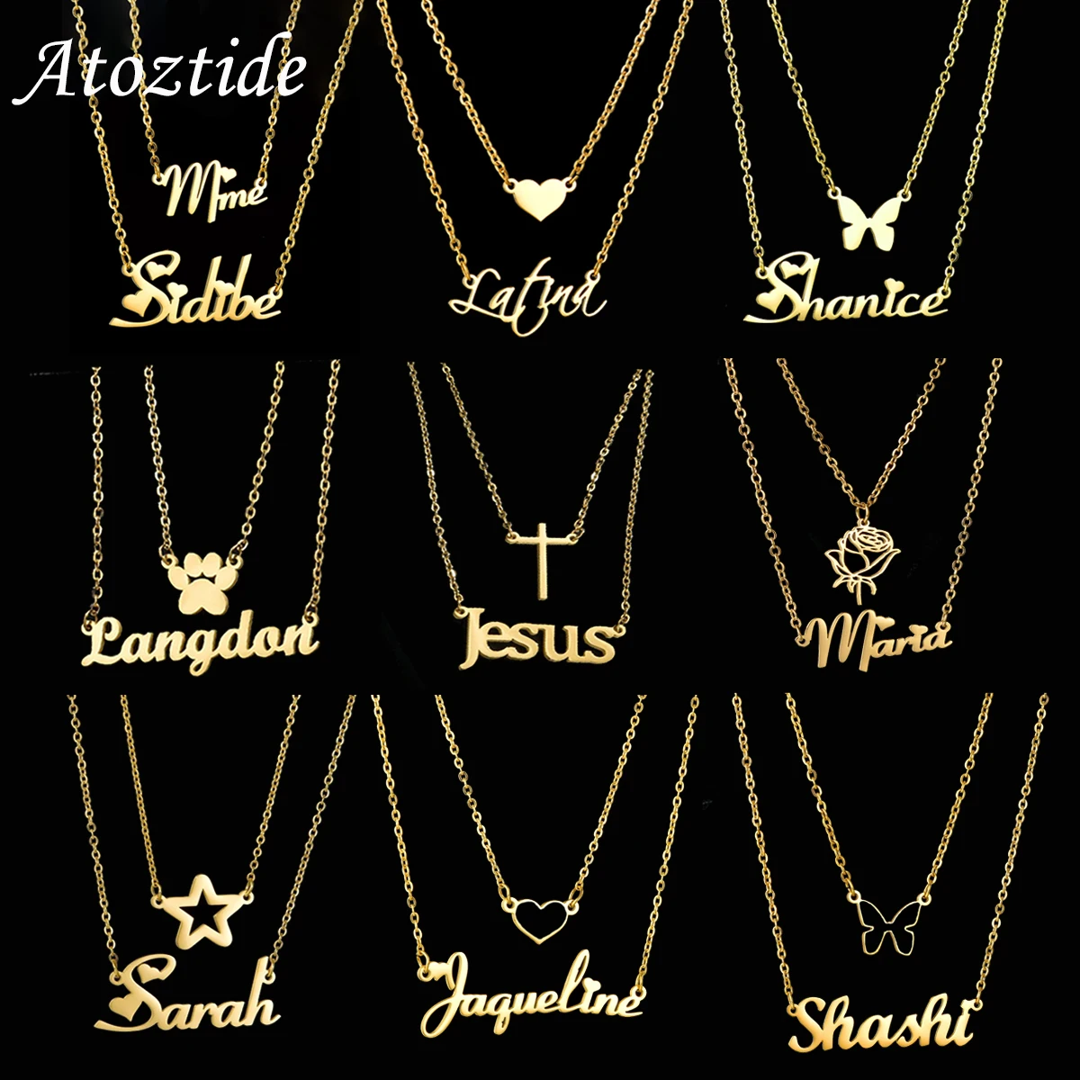 2 Layer Names Pendant Necklace for Women Stainless Steel Heart Cross 1