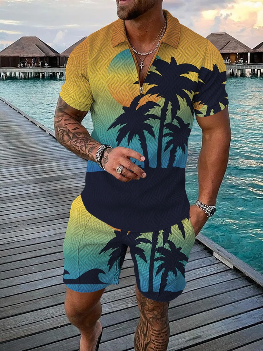 

Men's Tracksuit Casual Summer Short Sleeve Polo Shirt and shorts Suit two-Piece Set Male Clothing Beach Coconut Tree Clothes Man